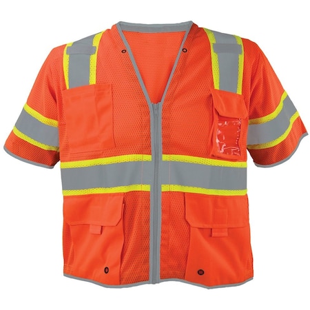 Polyester Mesh Safety Vest Class 3 W/ Zipper, Radio Clips & Badge Holder (Orange/3X-Large)